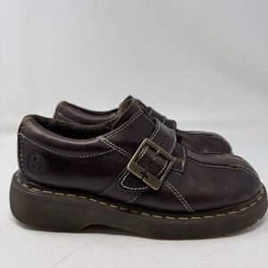 Dr Doc Martens Shoes Womens 9 Monk Strap Oxford Chunky‎ Y2K Brown Leather Wedge